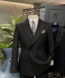 Black Double Breasted Striped Wool Suit