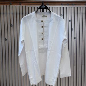 Button Polo Collarless Long Sleeve Shirt- White