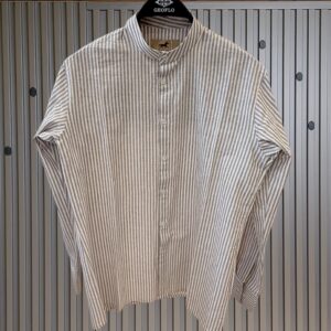 Collarless Polo Stripped Linen Shirts