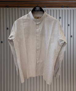 Collarless Polo Stripped Linen Shirts