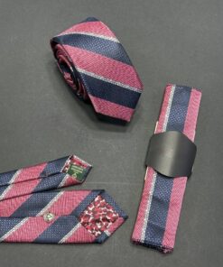 Navy & Pink Detail Microfiber Tie & Handkerchief | 6 cm