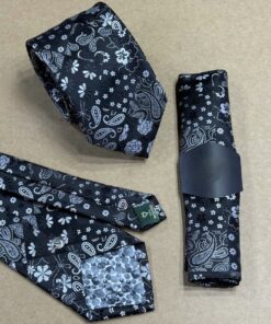 Black & White Detailed Paisley Tie & Handkerchief | 8 cm