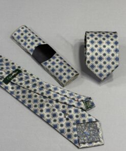 Cream White & Green Geometric Polyester Tie | 8 cm