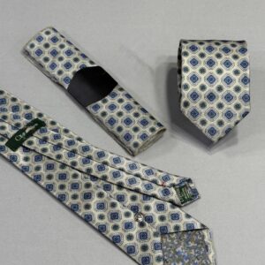 Cream White & Green Geometric Polyester Tie | 8 cm