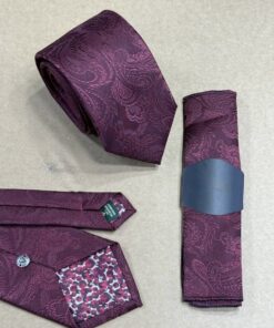 Dark Red Paisley Polyester Tie & Handkerchief | 8 cm