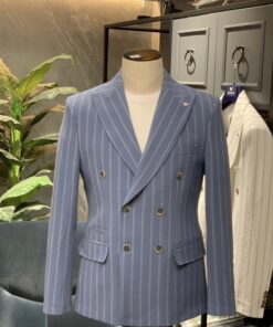 Stripped Double Breasted Viscose Blazer | Ocean Blue