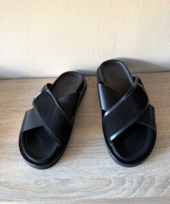 Imprinted Line Suede Cross Sandal Slide | Black