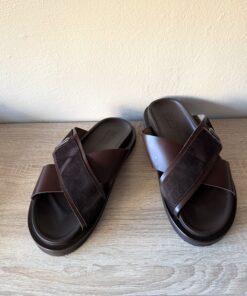 Imprinted Line Suede Cross Sandal Slide | Coffee Brown